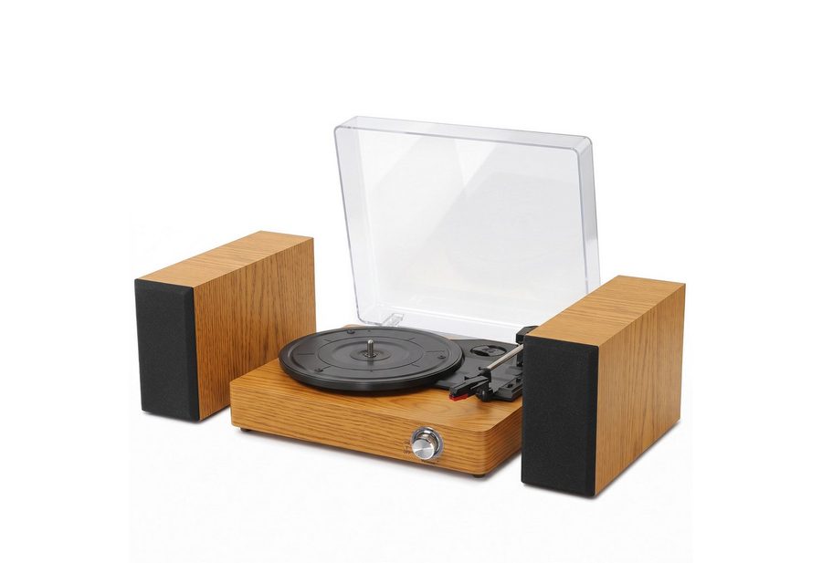 LALAHO Retro Plattenspieler mit separaten Stereolautsprechern, Bluetooth Plattenspieler (33/45/78 U/min, Staubschutzhaube, AUX‑ & RCA‑Anschluss)