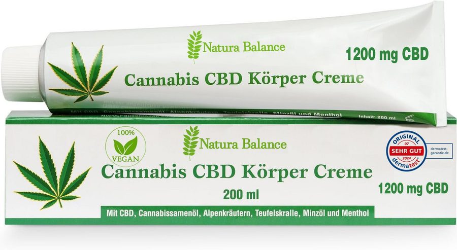 Natura Balance Körpercreme 200ml Cannabis Creme mit 1200mg CBD Teufelskralle Alpenkräuter kühlend, kann wohltuend wirken für Muskeln und Gelenke