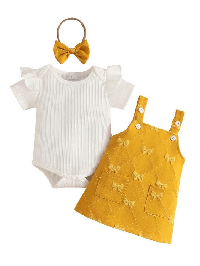 Lapastyle T-Shirt & Kleid Kleidung für Babymädchen, Kurzarm-Strampler, Latzkleid und Stirnband (Set, 3-tlg) Sommerliche Rüschen-Outfit-Sets, für Partys und Urlaub