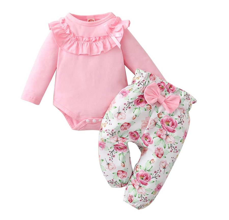 Gluckids Shirt & Hose Baby Mädchen Rüschen Süßes Set Langarm Strampler + Blumen Hose Outfits (Sets, 2-tlg) Kleinkind einfarbig Jumpsuit Hosenanzug Frühling & Herbst Babykleidung