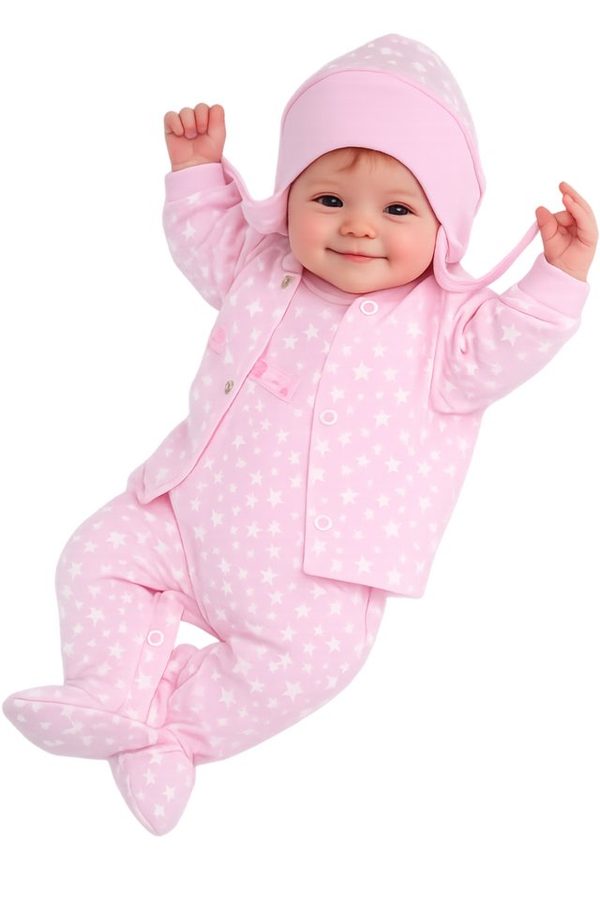 La Bortini Strampler, Jäckchen & Mütze Baby Strampler Mütze und Hemdchen Set Anzug in Rosa mit Sternchen aus reiner Baumwolle, 44 50 56 62 68 74 80