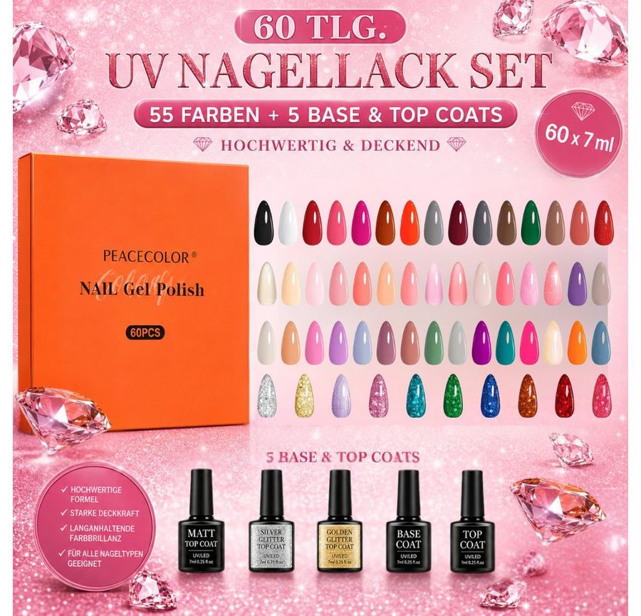 Sun Garden Nails Gel-Nagellack 60 tlg. UV Nagellack Set inkl. UV Base & Top Coat, 60-tlg.