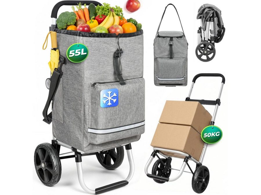 HOMECALL Einkaufstrolley klappbar Einkaufswagen 3 in 1 Shopping Trolley Mit Kühltasche-55L, Bis 50KG mit 50L + 5L kühlfunktion Einkaufstasche mit Rollen