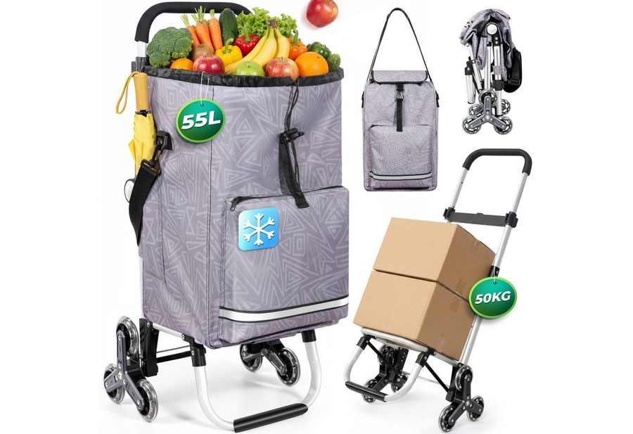 HOMECALL Einkaufstrolley klappbar Einkaufswagen 3 in 1 Shopping Trolley Mit Kühltasche-55L, Bis 50KG mit 50L + 5L kühlfunktion Einkaufstasche mit Rollen