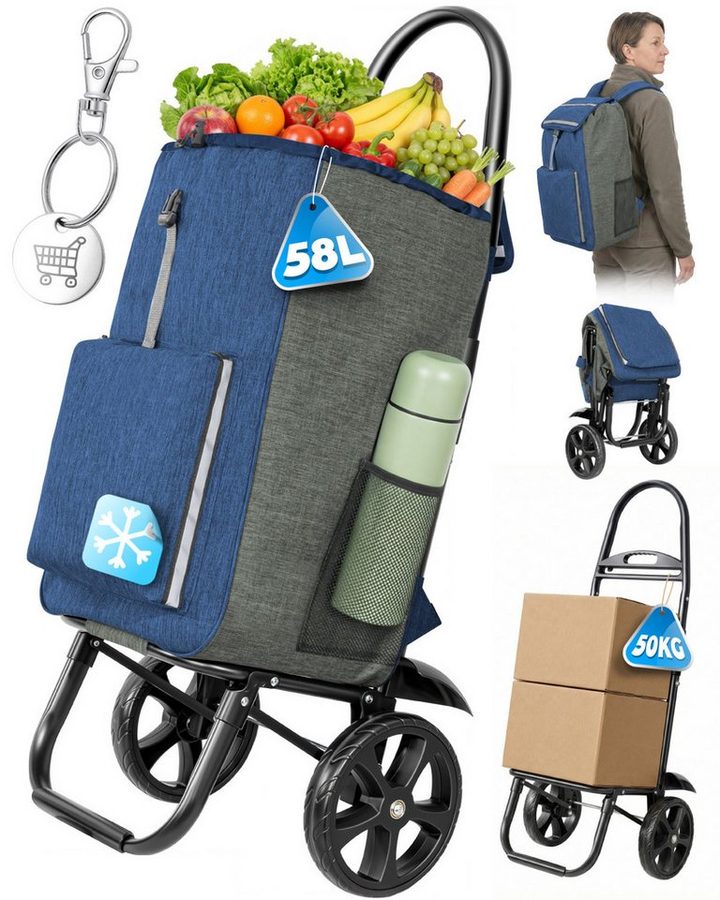 HOMECALL Einkaufstrolley klappbar Einkaufswagen 4-in-1 Utility Trolley Mit Kühltasche-58L, Einkaufswagen, Rucksack & Tragetasche in einem