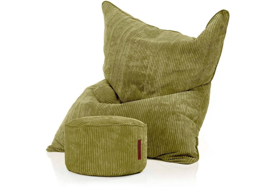 Green Bean Sitzsack XXL Sitzsack Square Cord + Hocker (Sitzsack + Hocker im Set - XXL Riesensitzsac mit passendem Fußhocker), Bean Bag Bodenkissen Liegekissen Sitzkissen Indoor Drinnen Waschbar