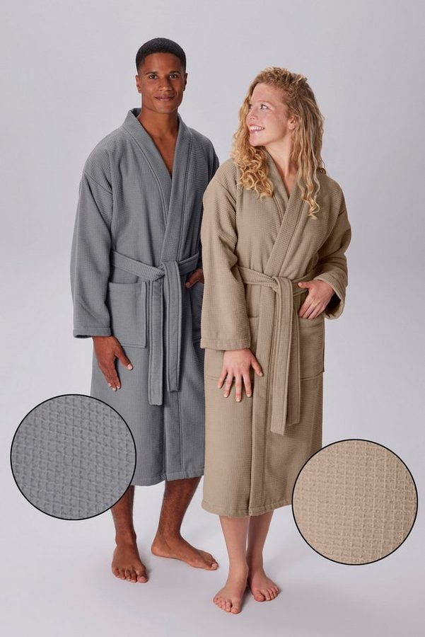 OTTO home Unisex-Bademantel Merida, Waffelpiqué, Premium Qualität, 500 g/m², Morgenmantel, Langform, Frottier, Kimono-Kragen, Gürtel, Hotelbademantel, dicke Qualität, S-2XL, auch ideal für Sauna & Spa