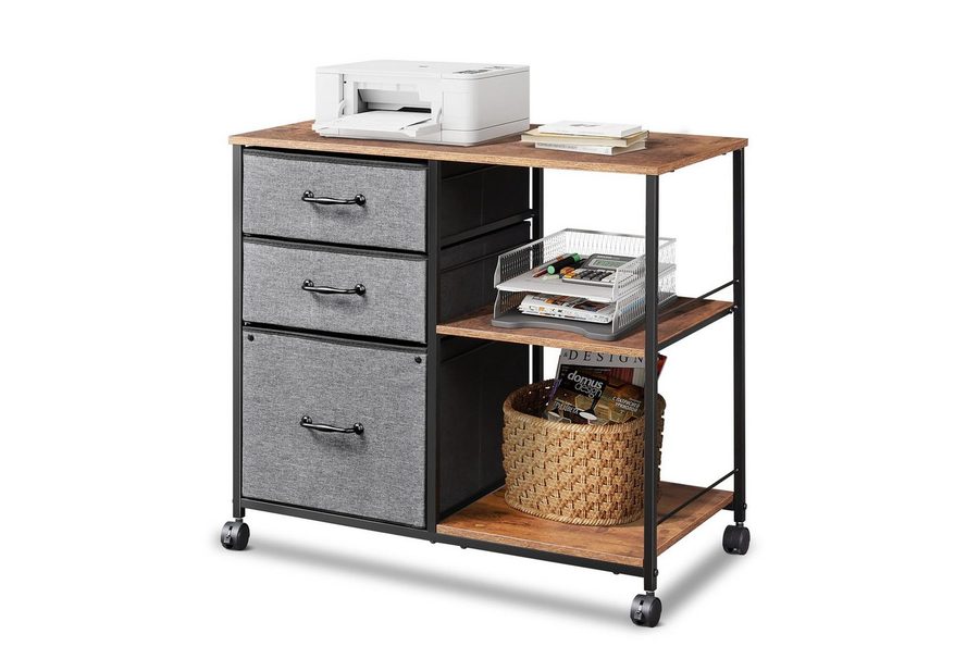 DEVAISE Aktenschrank Rollcontainer mit 3 Schubladen & 2 Ablagen, Mobiler Aktenschrank (Druckertisch für DIN A4/Legal/Letter, Breit 75cm) Schubladenschrank auf Rollen für Büro & Home Office
