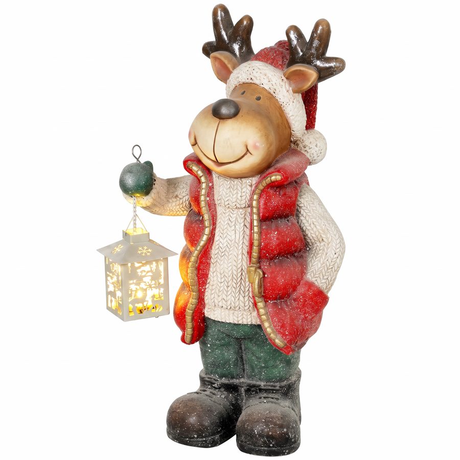 HOMCOM Weihnachtsdeko Figur, Rentier mit Laterne, 52 cm Weihnachtsfigur mit LED-Licht, Dekofigur zu Weihnachten, für In- und Outdoor, Metall, Rot   Aosom