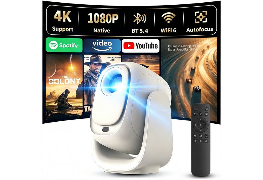 Fyrove Mini Beamer 4K Unterstützt,Beamer Integrierte APP,20000 Lumens Mini-Beamer (Automatische Trapezkorrektur,WiFi 6 180°Dreh Projektor Tragbar)
