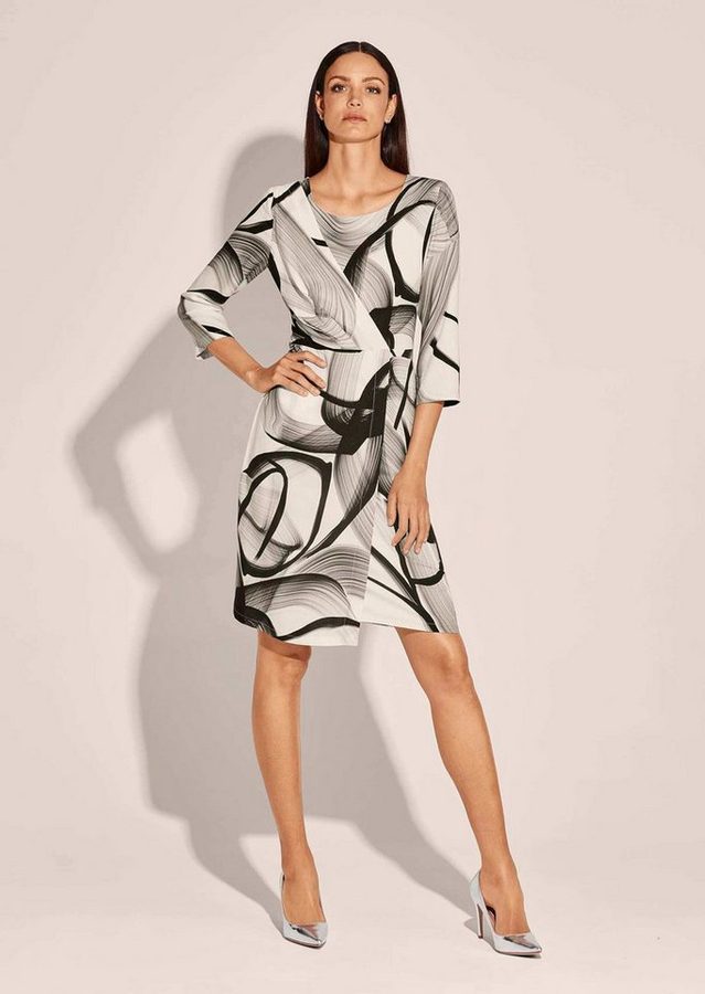 MADELEINE Midikleid Wickelkleid mit Grafikprint, 3/4-Arm Asymmetrischer Print, Rundhalsausschnitt, hinten Reißverschluss