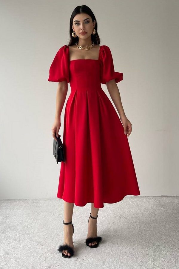 WOMAN VISION Midikleid Trägerloses, ausgestelltes Midikleid mit kurzen Ärmeln