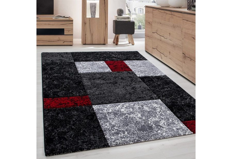 Carpettex Frisé-Teppich Kariert Design, Rechteckig, Höhe: 13 mm, Wohnzimmer Teppich Rot Kurzflor Konturenschnitt Kariert Design von Carpettex