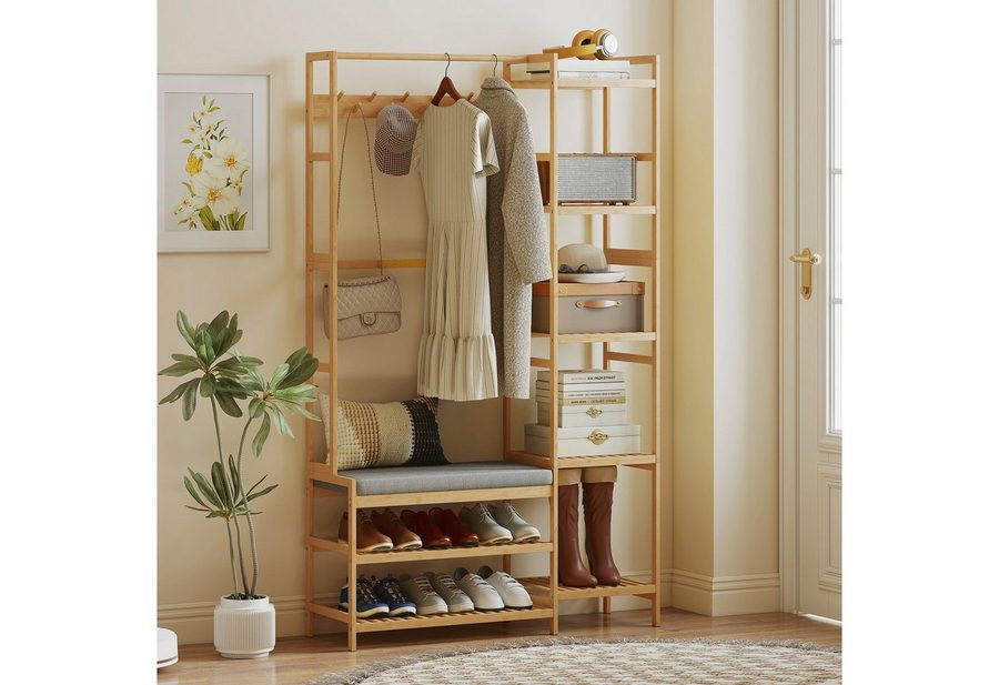 HOMCOM Garderobenständer Schuhbank, gepolstert, mit 2 Ablagen, Kleiderstange, Höhe 175 cm, (Kleiderständer, 1 St., Standgarderobe), für Wohnzimmer, Schlafzimmer, Naturholz