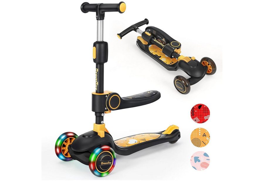 ToteBox Dreiradscooter Kinder Scooter, Höhenverstellbar + Sitz/Steh + LED-Räder