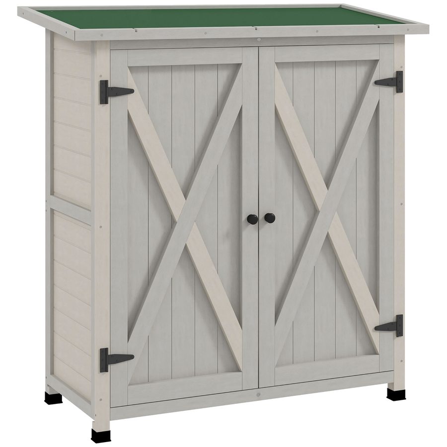 Outsunny Gartenschrank, Geräteschuppen aus Holz, Wetterfest Geräteschrank mit 2 Türen, Werkzeughaus mit Asphaltdach, Werkzeugschrank für Garten, Terrasse, 110 x 55 x 117 cm, Hellgrau   Aosom