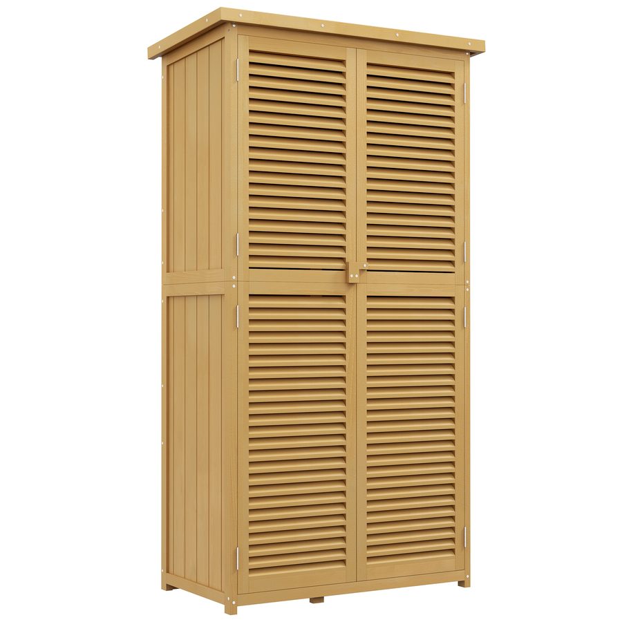 Outsunny Gartenschrank Holz Geräteschuppen Gerätehaus mit Asphaltdach Lamellentür Geräteschrank Schuppen Garten 4 Fächer Hellgelb 87 x 46,5 x 160 cm   Aosom