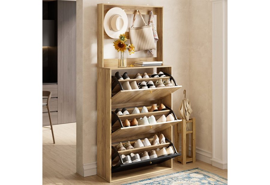 Flieks Schuhschrank mit Haken, 3 klappbaren Aufbewahrungsfächern (1-St., B75/T24/H180 cm) Schuhkommode mit 3 Klappen Schuhregal Schuhkipper Holzoptik von Flieks