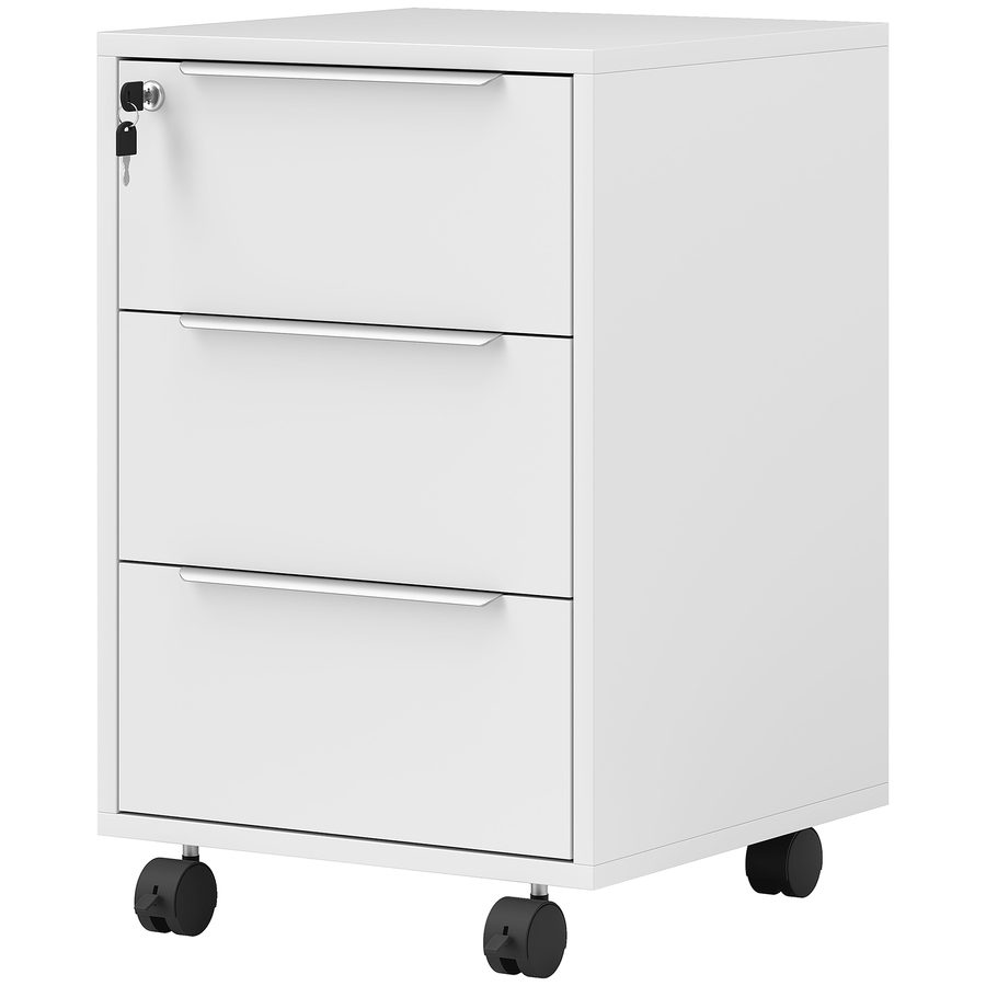 HOMCOM Bürocontainer mit 3 Schubladen Büromöbel mit Rollen Schloss und 2 Schlüssel Mobiler Aktenschrank für Studium Wohnzimmer 40x40x63,5 cm Weiß   Aosom