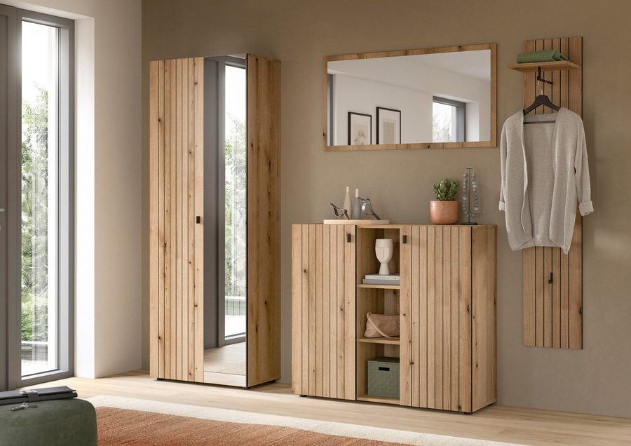 Home affaire Garderoben-Set TATIO, 4-tlg. Garderobenkombination, Breite: 237 cm, Rillenfräsung, (Set, 4-St., 1 Spiegel, 1 Garderobenschrank, 1 Schuhkommode, 1 Garderobenpaneel), Garderobenkombination, Kombi, Flur-Möbel, Schrank, Spiegel, Kommode von home affaire