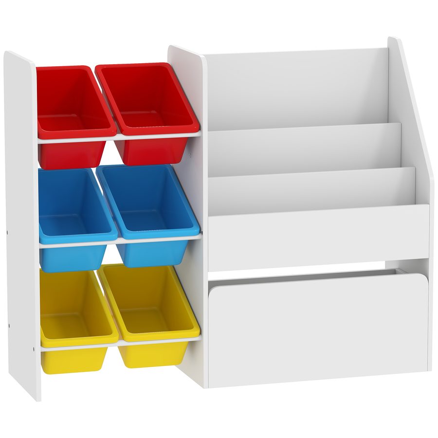 AIYAPLAY Aufbewahrungsmöbel für Kinder, Spielzeugaufbewahrung, 6 herausnehmbare Boxen & große rollbare Kiste, 3-stufiges Bücherfach für Kinderzimmer oder Spielzimmer, mehrfarbig   Aosom