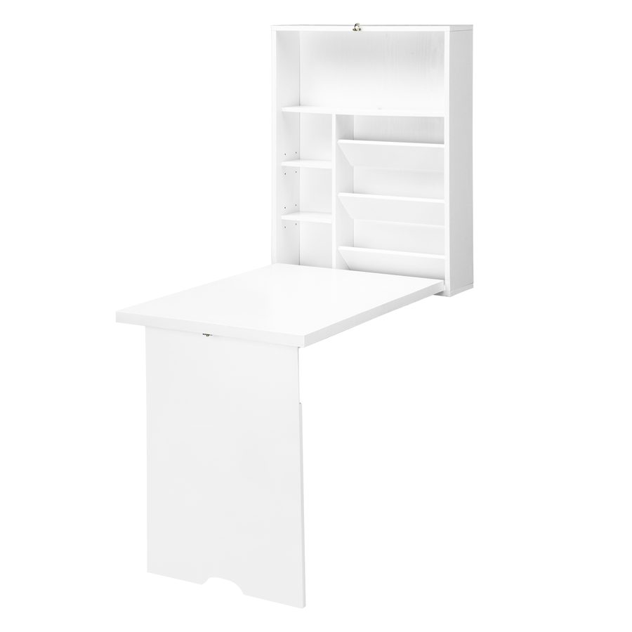 HOMCOM Wandklapptisch mit Regalen, klappbarer Wandtisch, platzsparende Tischplatte ideal für Wohnzimmer, Esszimmer, Home Office, weiß   Aosom