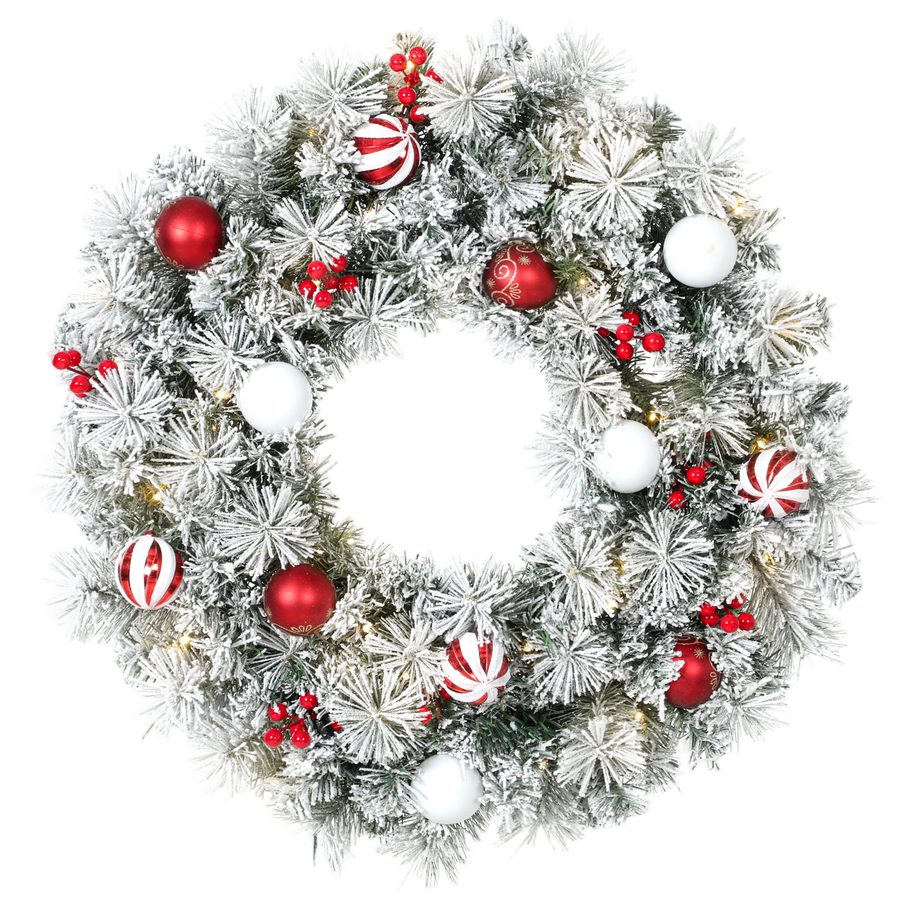 HOMCOM Schneebeflockter Weihnachtskranz 60 cm mit LED-Lichtern (8 Modi), 140 Zweige, 8 Beeren und 15 Dekokugeln, Weihnachtskranz, Weihnachtsdekoration für Tür und Fenster, Grün   Aosom von HOMCOM