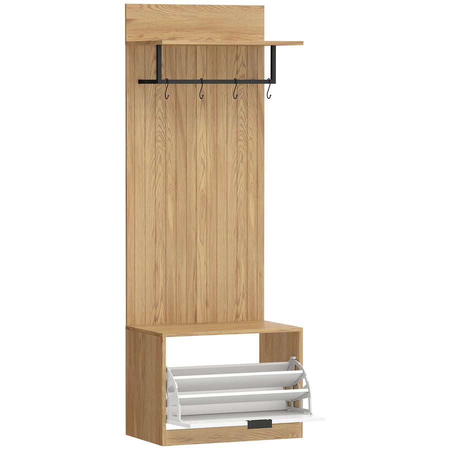 HOMCOM Garderobe für den Eingangsbereich mit Klapp-Schuhschrank, Garderobenständer mit Sitzbank, 4 Haken und Schuhablagen, Moderner Organizer für Flur und Diele, Rovere und Weiß   Aosom von HOMCOM