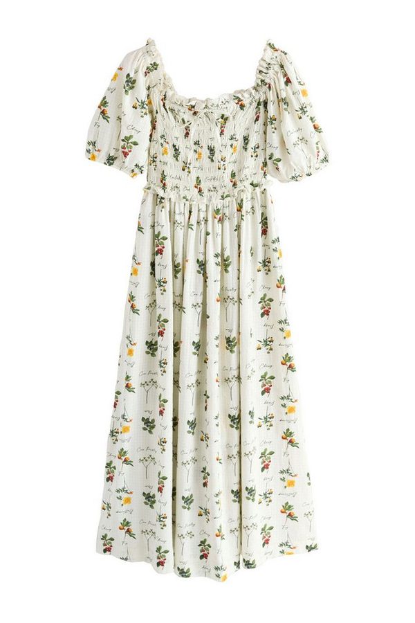 Next Midikleid Gerafftes Midikleid mit Puffärmeln (1-tlg)