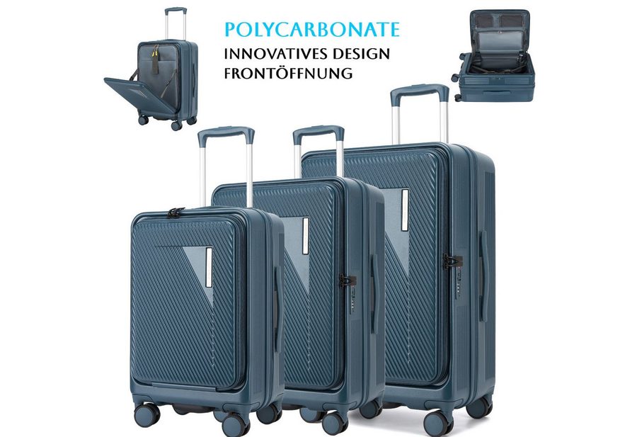 Super Solu Hartschalen-Trolley Erweiterbarer Reisekoffer mit Frontöffnung, Hartschalenkoffer 100% PC, 4 Rollen, Koffer Set 3-tlg. 20+24+28 Zoll, Stoßfest, TSA, Blau von Super Solu