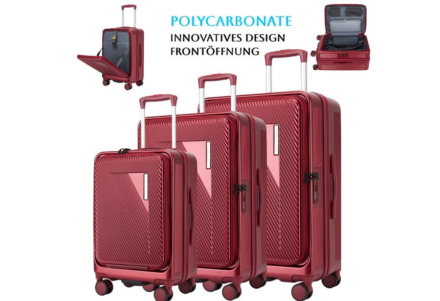 Super Solu Hartschalen-Trolley Erweiterbarer Reisekoffer mit Frontöffnung, Hartschalenkoffer 100% PC, 4 Rollen, Koffer Set 3-tlg. 20+24+28 Zoll, Stoßfester, TSA, Rot von Super Solu