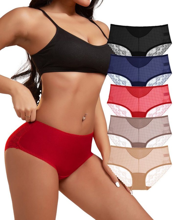 TANSTC Slip Damen Spitzen Unterhosen,leichte Unterwäsche 5er‑Pack elastisch atmungsaktiv Spitze bequem weich
