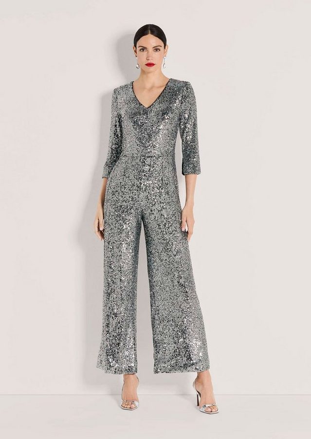 MADELEINE Jumpsuit Eleganter Pailletten-Einteiler Glanzoverall mit V-Ausschnitt, weiten Culotte-Beinen und 3/4-Arm