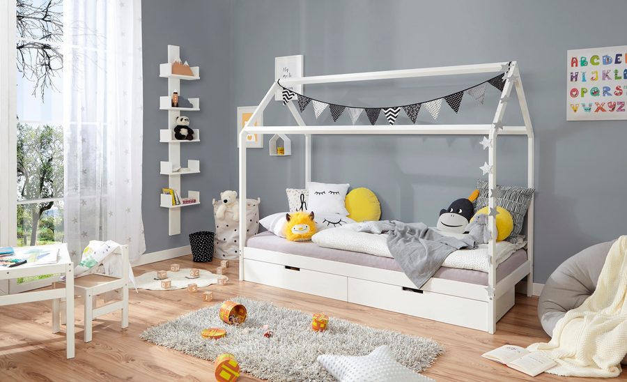 Ticaa Kinderbett Hausbett "Lina" mit Schubkästen 90x200 cm Kiefer weiß von TICAA