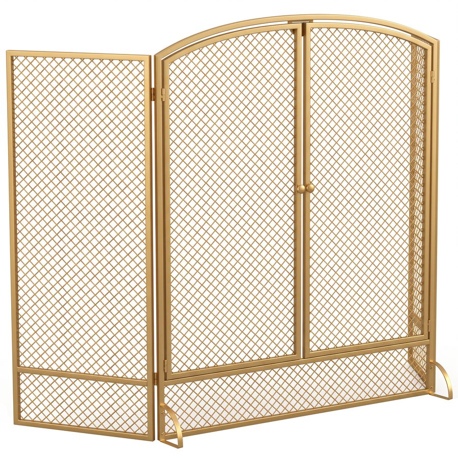 HOMCOM Kaminschutzgitter, 3-teiliger Funkenschutz mit Doppeltüren Faltbarer Kaminschutz aus Metall Funkenschutzgitter für Wohnzimmer, Schlafzimmer, 122 x 75 cm, Gold   Aosom