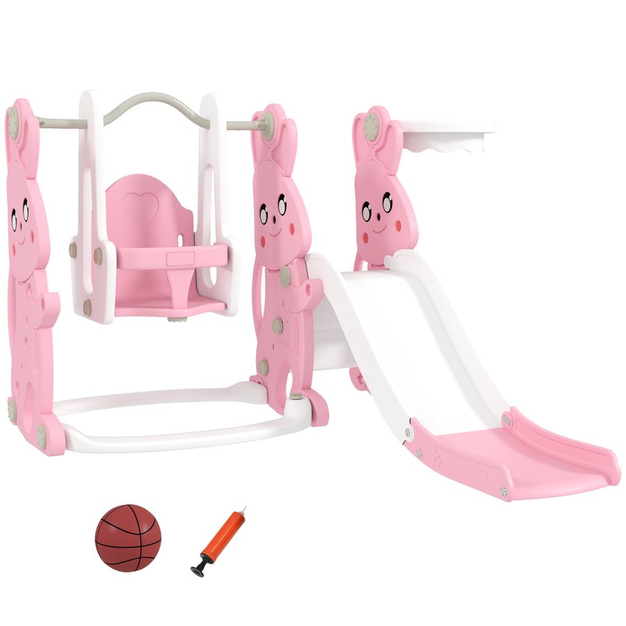 AIYAPLAY Rutsche und Schaukel für Kinder 4-in-1, Kleinkind-Spielplatz mit Kletterteil, Basketballkorb, Rutsche, Schaukel, Hasen-Motiv, für Innen und Außen, 1,5 bis 4 Jahre, rosa   Aosom