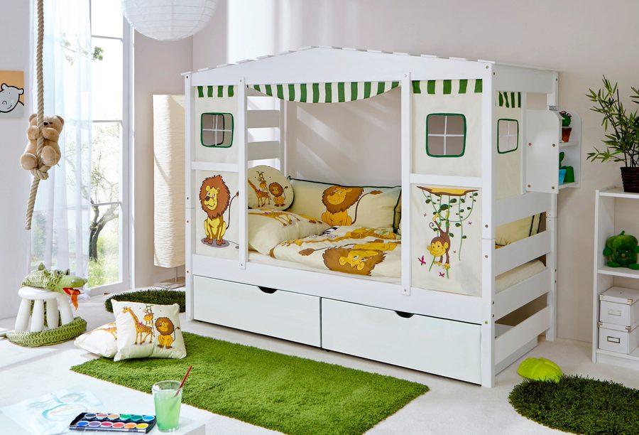 Ticaa Hausbett mit Bettkasten "Safari" Kiefer Weiß von TICAA