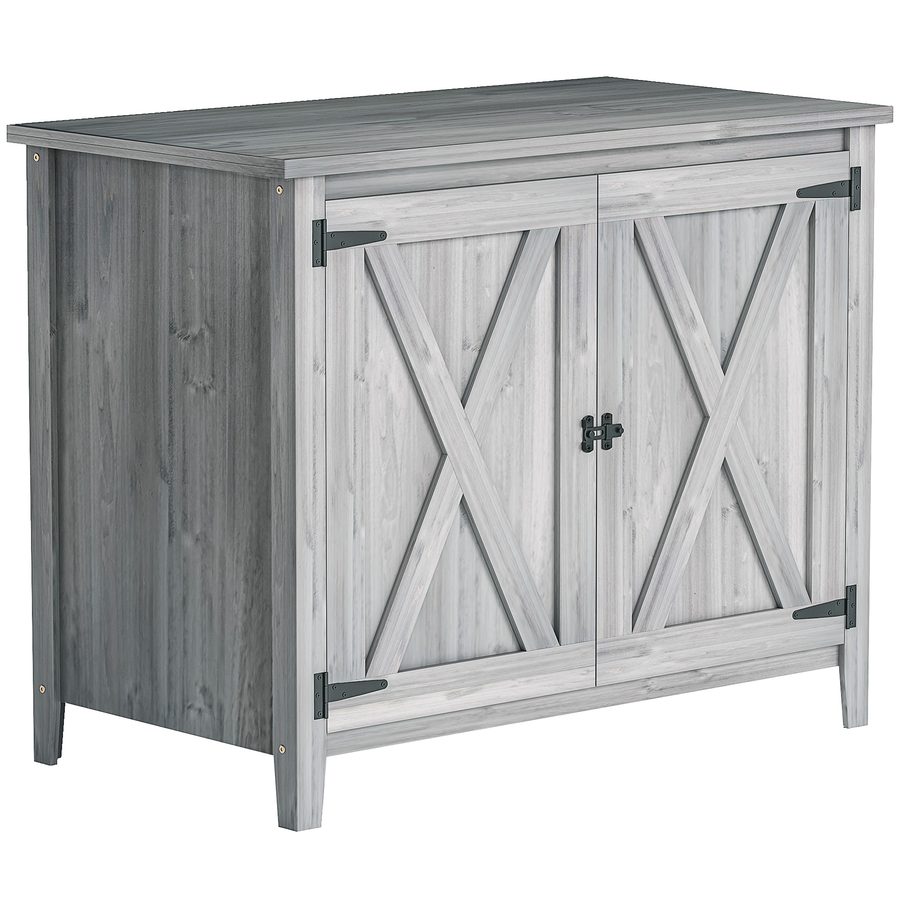 Outsunny Gartenschrank Holz, Geräteschuppen wetterfest 110x60x88,5cm, Gerätehaus mit Tür, Faltdach, Ablagen, Geräteschrank, Gartenhaus Werkzeugschrank Gartenschuppen für Terrasse Hinterhof, Hellgrau   Aosom