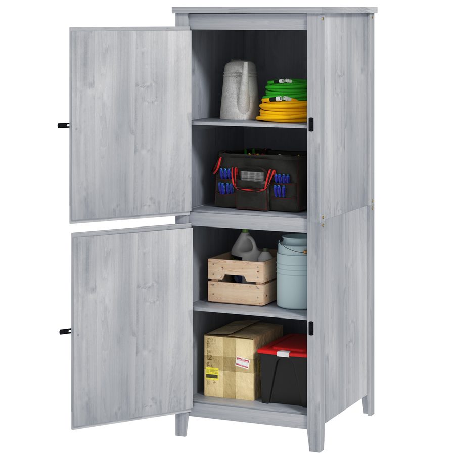 Outsunny Gartenschrank Holz, Geräteschuppen wetterfest Geräteschrank, 60x60x160cm, Gerätehaus mit Doppeltür, Ablagen, Abschließbar Werkzeugschrank Gartenschuppen für Garten, Terrasse, Hellgrau   Aosom