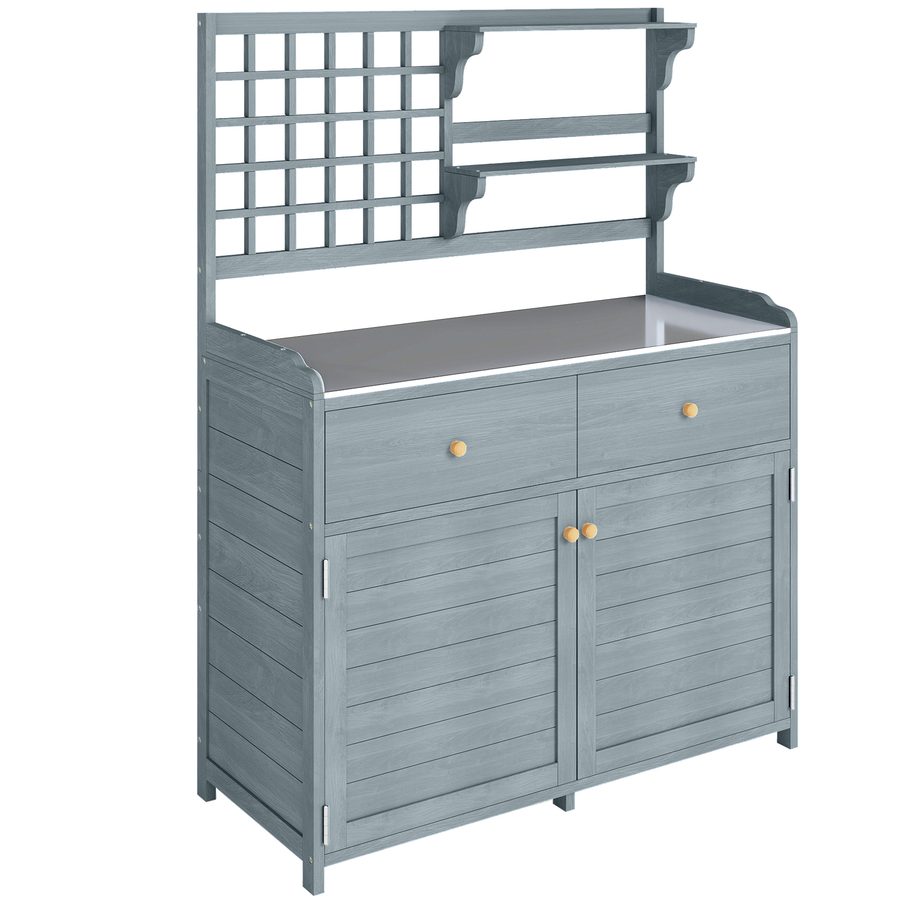 Outsunny Pflanztisch mit Unterschrank aus Holz Outdoor Gartenschrank mit verzinkter Arbeitsplatte 2 Schubladen wetterfest Gärtnertisch Geräteschrank für Garten Balkon Terrasse 104x44x140 cm Hellgrau   Aosom