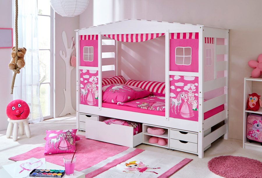 Ticaa Hausbett mit Bettkasten "Horse Rosa" Kiefer Weiß von TICAA