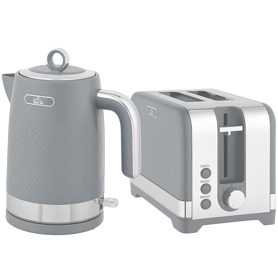 HOMCOM Wasserkocher- und Toaster-Set, 1,7 l 2200 W Schnellkoch-Wasserkocher mit Thermostat und Kalkfilter, 2-Scheiben-Toaster mit 7 Bräunungsstufen, Krümelschublade, Grau   Aosom