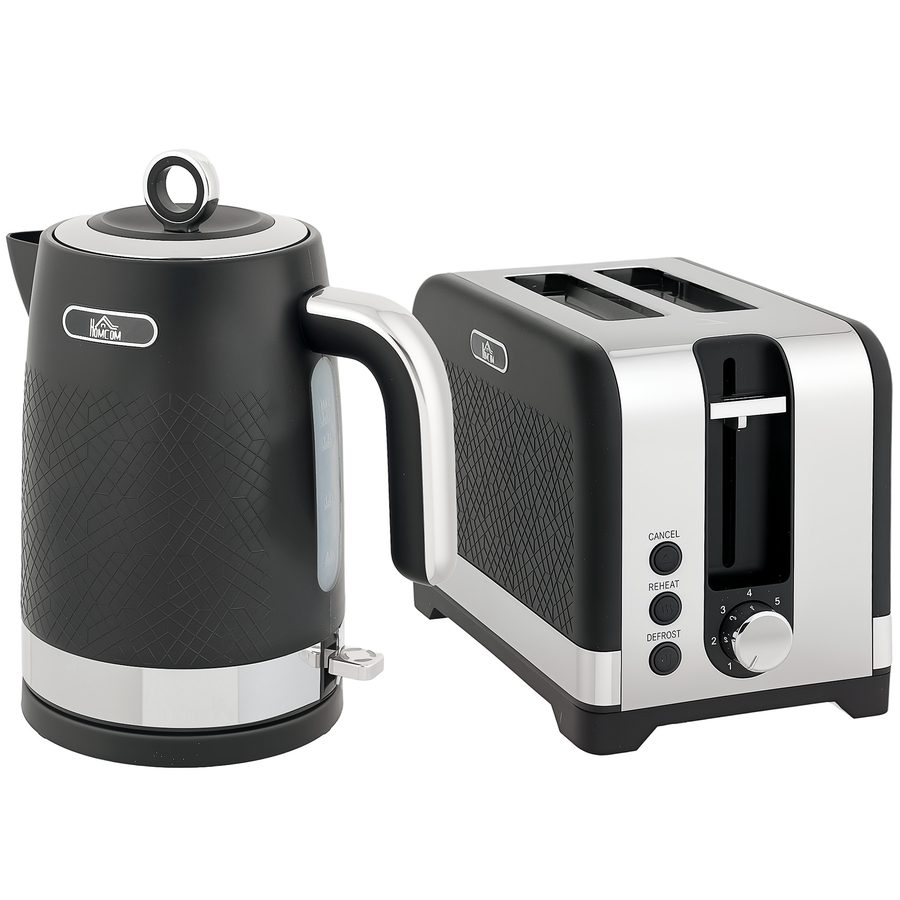 HOMCOM Wasserkocher- und Toaster-Set, 1,7 l 2200 W Schnellkoch-Wasserkocher mit Thermostat und Kalkfilter, 2-Scheiben-Toaster mit 7 Bräunungsstufen, Krümelschublade, Schwarz   Aosom