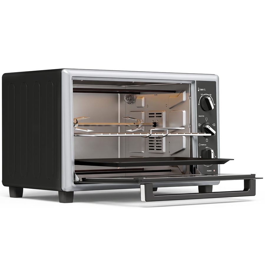 HOMCOM Mini Backofen mit Umluft, Drehspieß, 46L, 90–230 ℃, 60 Min. Timer, Backblech und Grillrost, Minibackofen Miniofen mit Vorheizfunktion, Innenbeleuchtung, 1800 W, Schwarz   Aosom