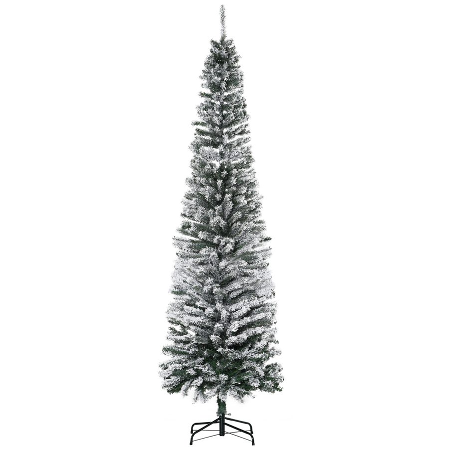 HOMCOM Künstlicher Weihnachtsbaum 225 cm Bleistift Kiefernbaum mit Schnee, 738 Spitzen Beflockter Christbaum Weihnachtsdeko inkl. Metallständer für drinnen   Aosom