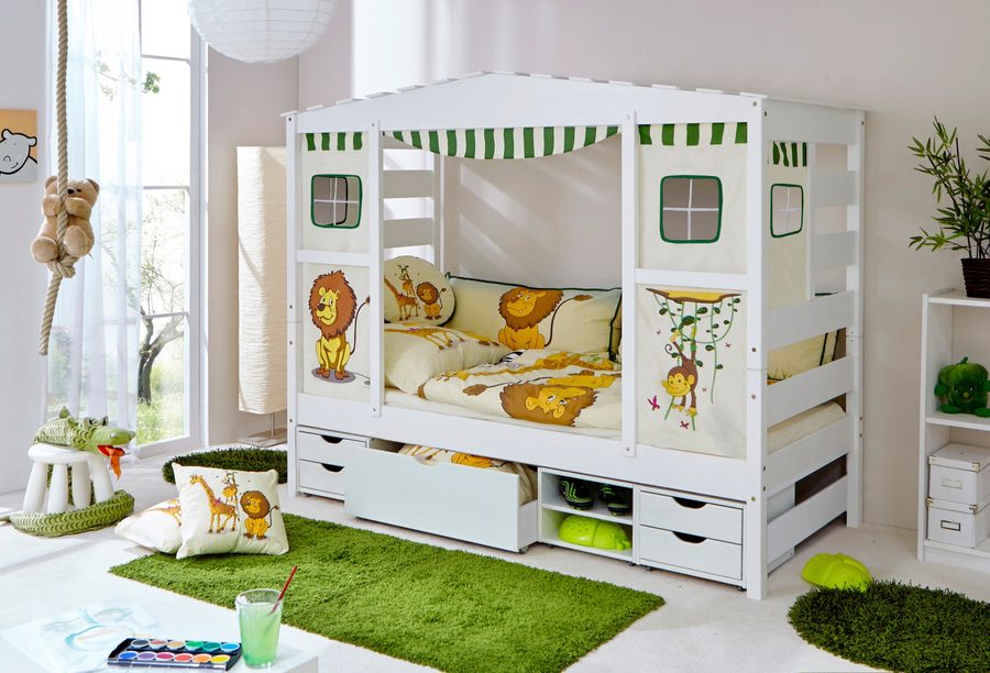 Ticaa Hausbett mit Bettkasten "Safari" Kiefer Weiß von TICAA