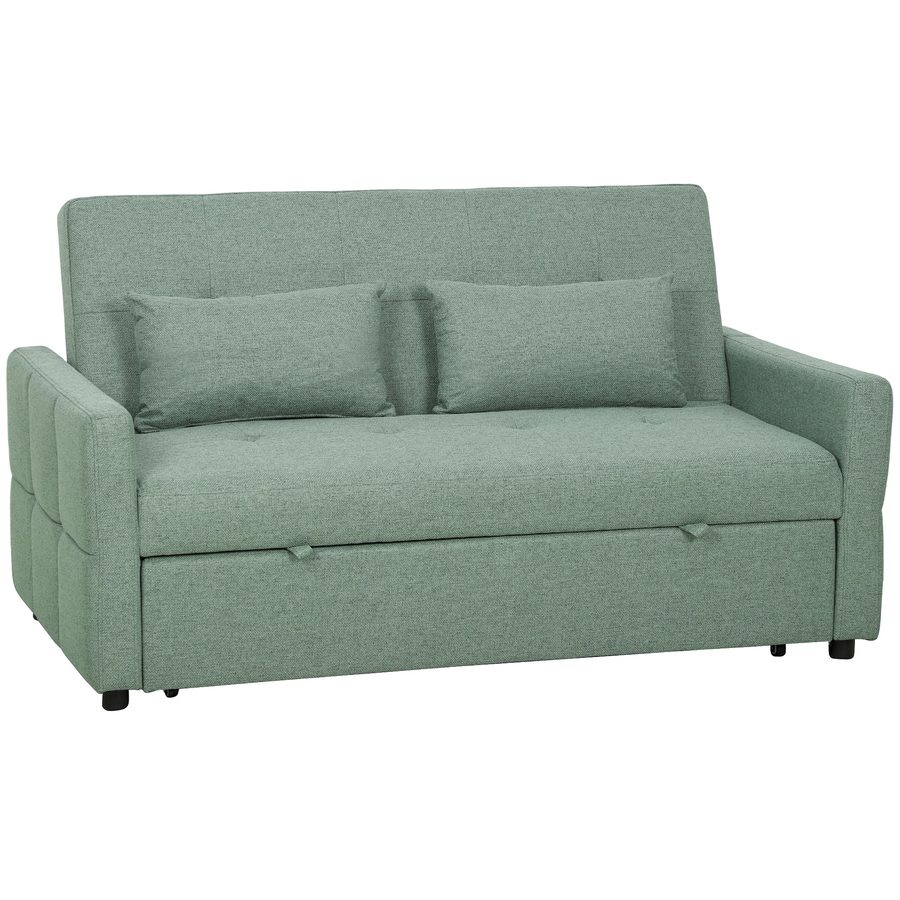 HOMCOM 2‑Sitzer Schlafsofa 3‑in‑1, Klappsofa/Schlafsofa 160 cm, verstellbare Rückenlehne, breite Sitzfläche, 2 Kissen, Seitentaschen, Leinenoptik-Stoff OEKO-TEX 100, für Wohnzimmer, kleine Räume, Grün   Aosom von HOMCOM