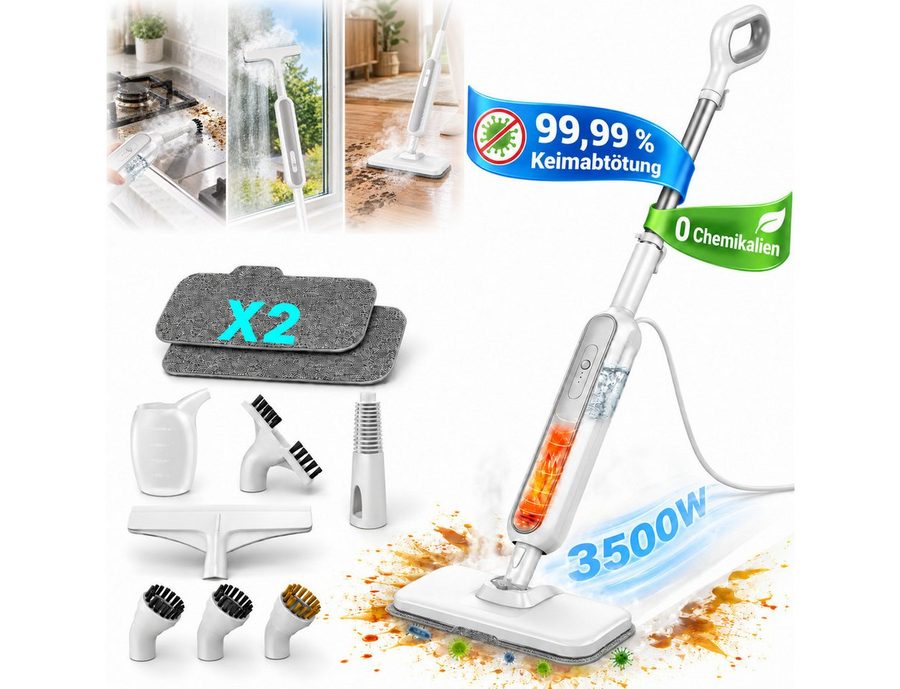 Fyrove Handdampfreiniger Dampfreiniger 3500W, 9-in-1, 99,99 % Keimabtötung, 0 Chemikalien, 3500 W, 15 Sekunden Aufheizzeit,120 °C Dampfbesen,3-stufige Temperaturregelung,für Boden,Teppich, Fliesen und Grill.[Energieklasse A+], Steam Cleaner für Auto, Küche, Badezimmer, Fliesen, Fenstern