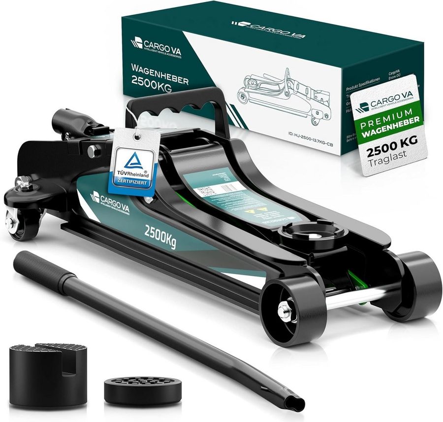 CargoVA® Rangierwagenheber Hydraulischer Wagenheber 2,5T inkl. 2 Gummiauflagen, TÜV zertifiziert, max. Hubhöhe: 38 cm, Wagenheber-Set, Wagenheber-Set inkl. Gummiauflagen, bis 2,5t, TÜV & GS geprüft