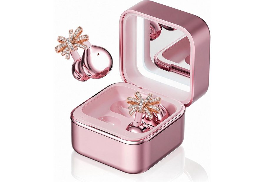 Futicare Kabellose Clip-On Bluetooth Kopfhörer mit Mikrofon,30 Std. Akku, IP56, Open-Ear-Kopfhörer (Bluetooth 6.0 Ohrclip Earbuds mit Spiegel-Ladebox, LED-Licht, abnehmbarem Schmuck, Geschenkidee für Damen)